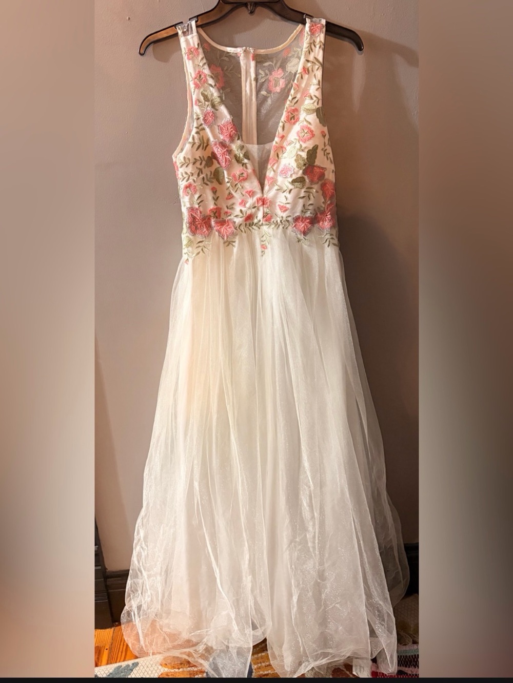 White Prom Dress with pink embroidered flowers size 7